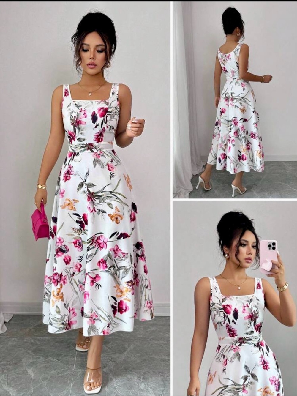 Floral Ivory Maxi Dress with Pink & Purple Blooms